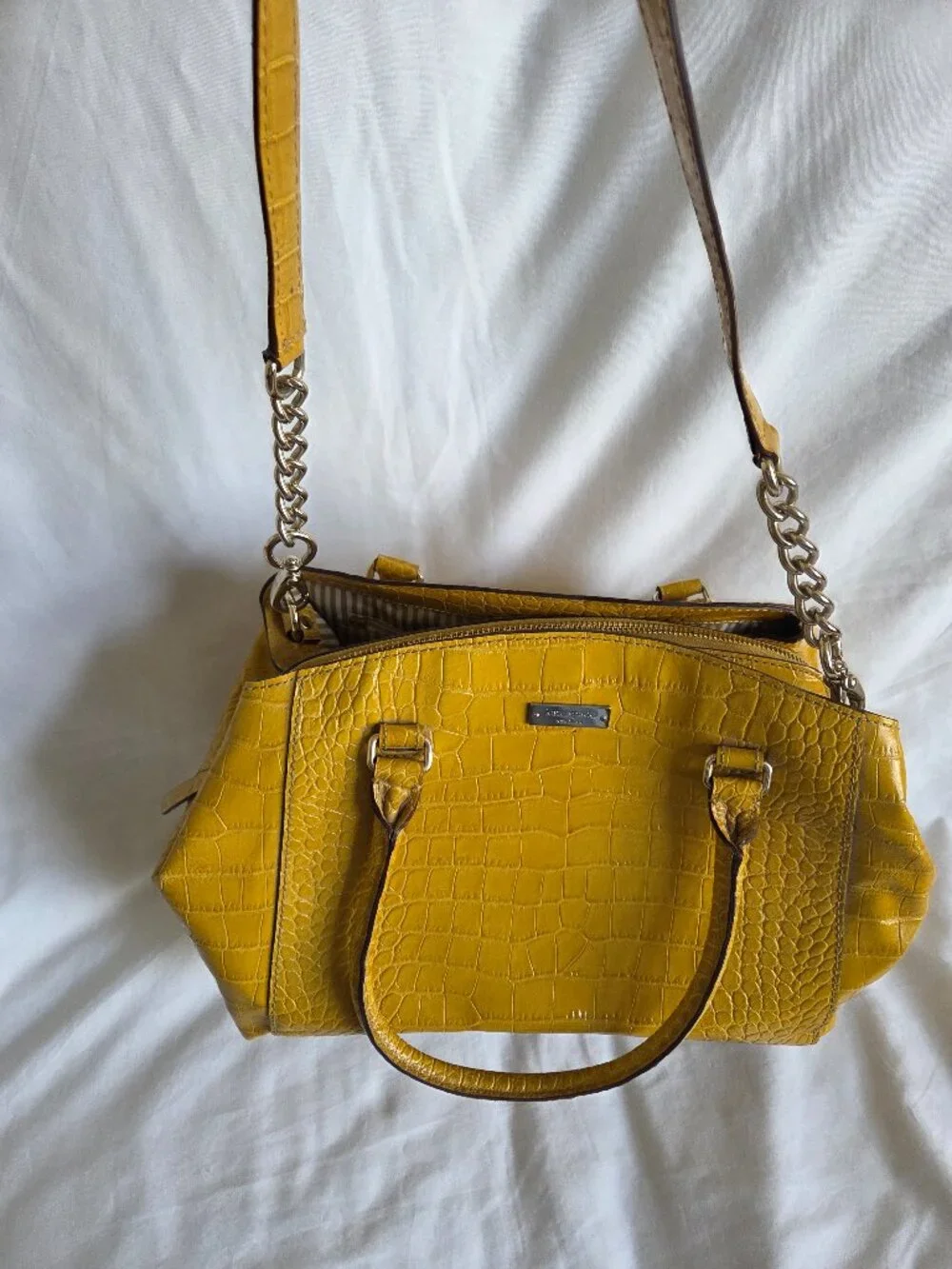VINTAGE Kate Spade Mustard Yellow Patent Leather Crocodile Embossed Satchel